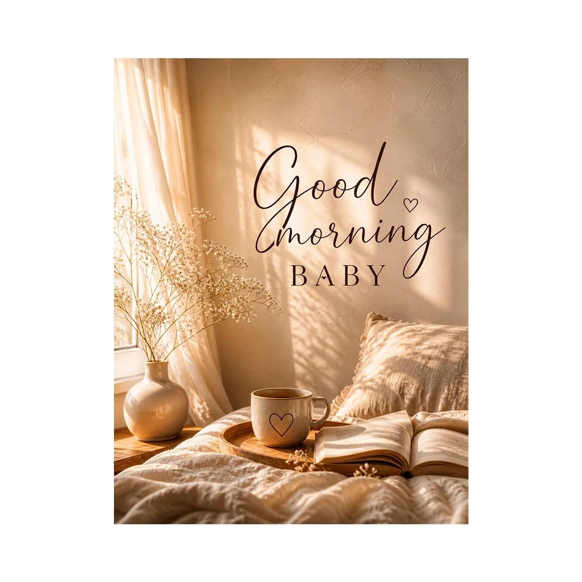 Good Morning Baby Bliss Good Morning Baby typography wall art with cozy bedroom aesthetic, warm sunlight, coffee mug and neut