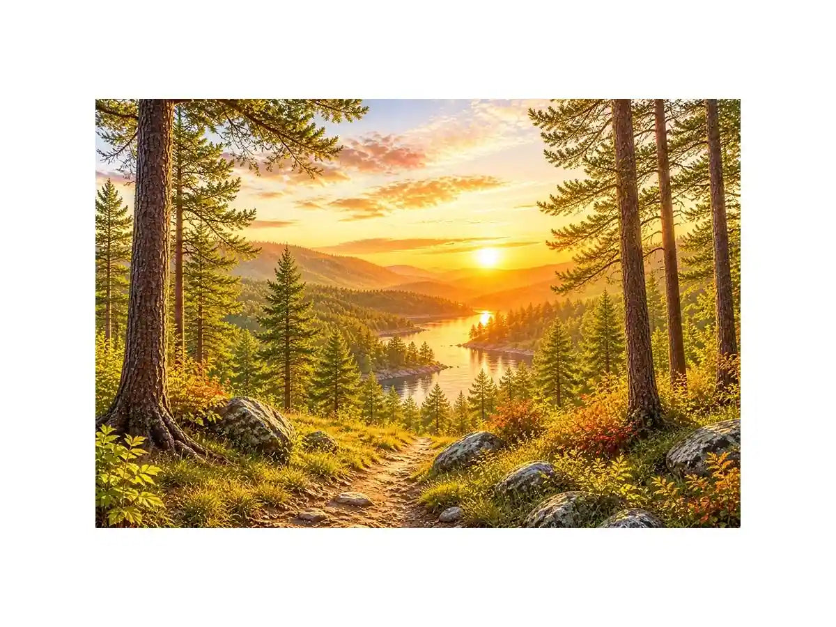 Golden Forest Serenity Golden forest landscape wall art with pine trees, river valley, mountain sunset and scenic nature canv