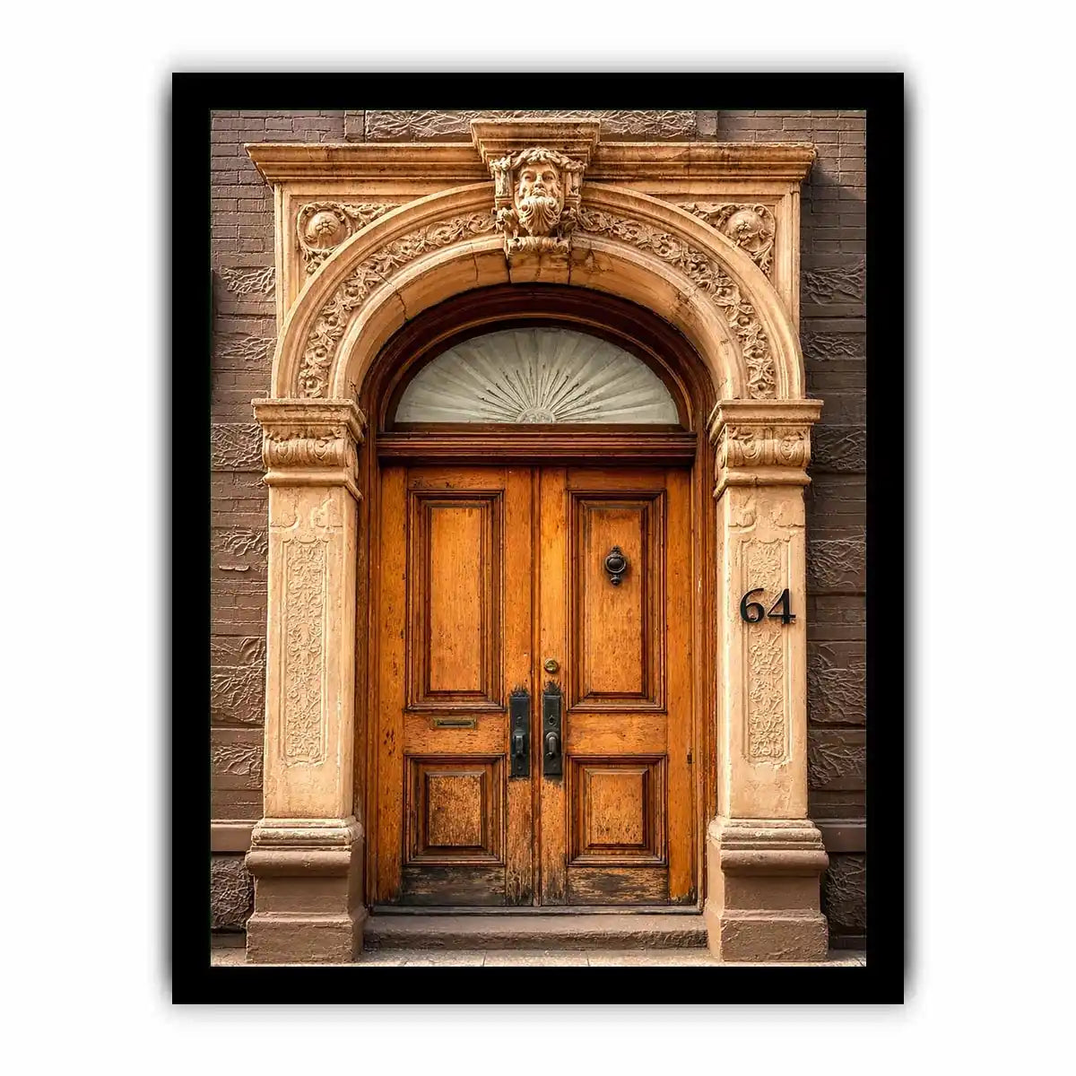 Vintage architectural doorway wall art with ornate carved arch, wooden doors and classic European building entrance canvas print