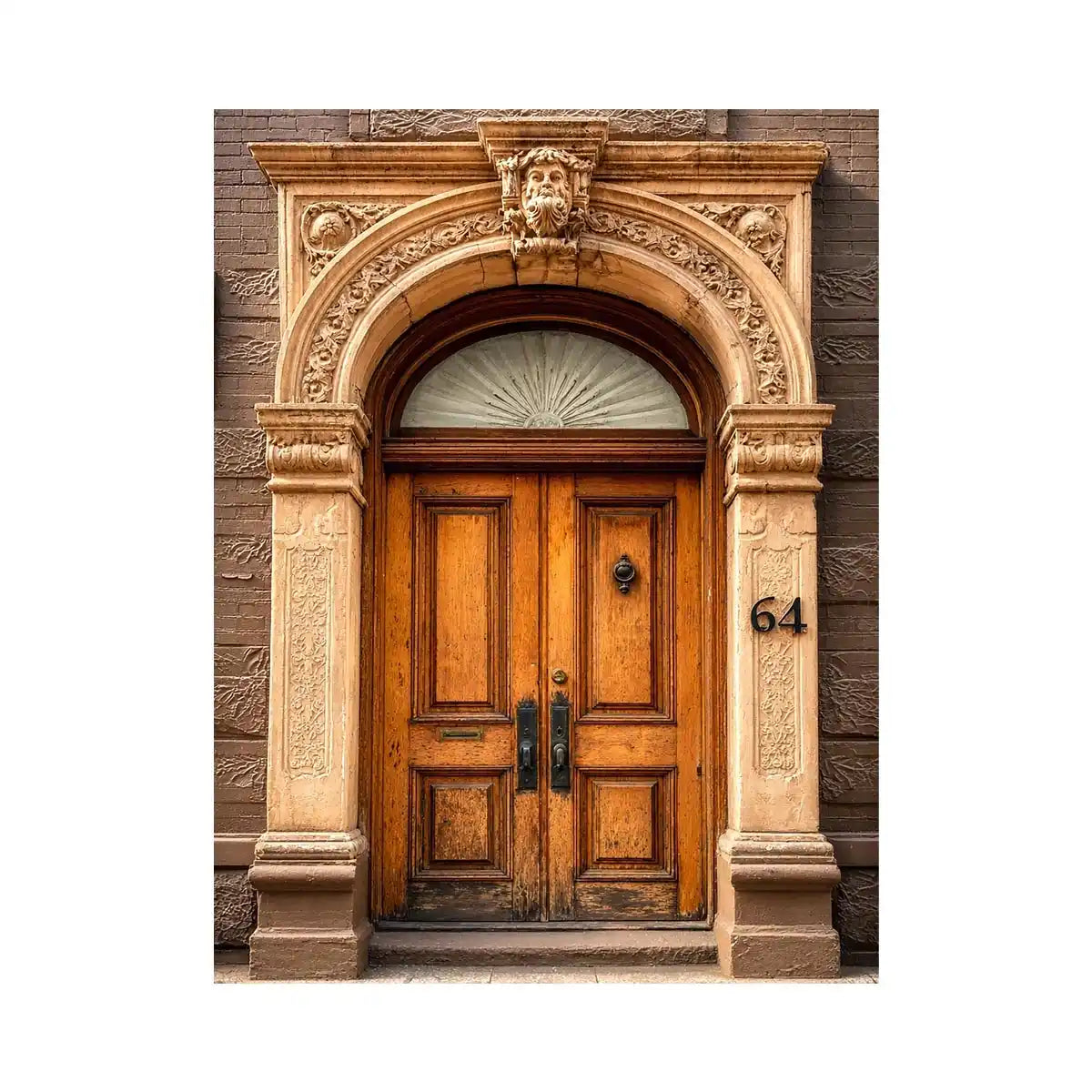 Timeless Heritage Doorway Vintage architectural doorway wall art with ornate carved arch, wooden doors and classic European b