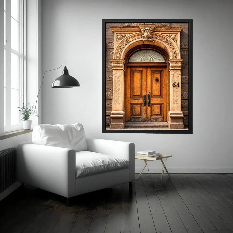 Timeless Heritage Doorway Vintage architectural doorway wall art with ornate carved arch, wooden doors and classic European b