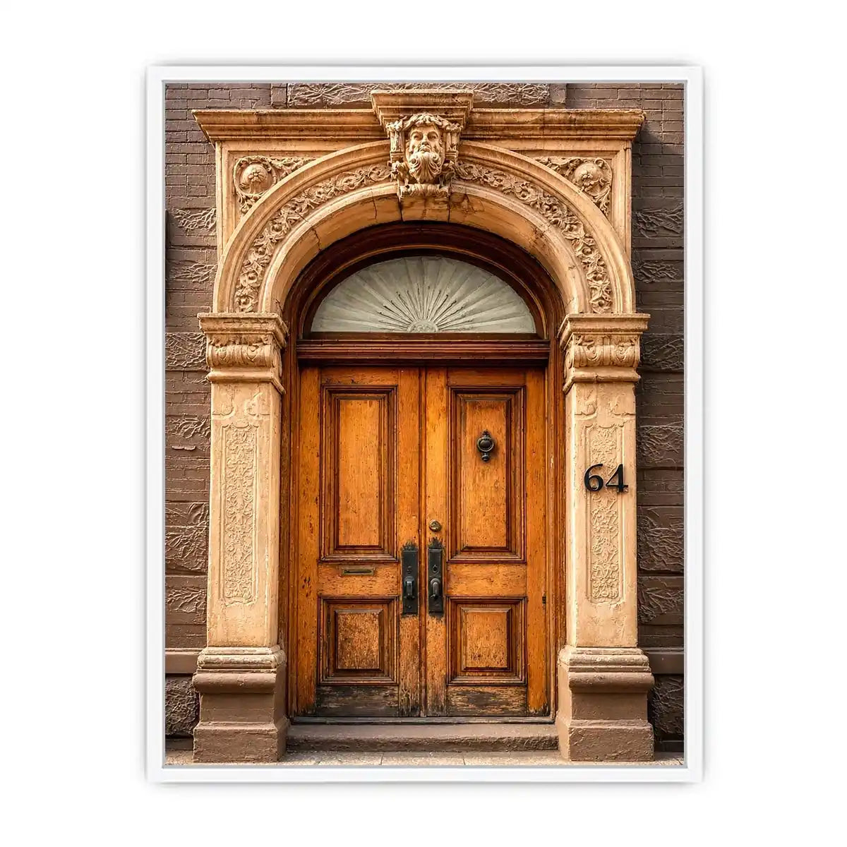 Vintage architectural doorway wall art with ornate carved arch, wooden doors and classic European building entrance canvas print