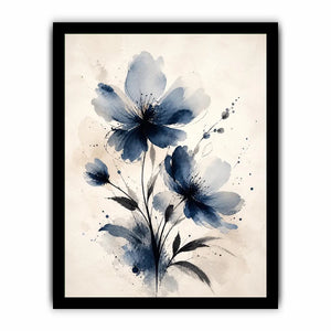 Moonlit Indigo Bloom Indigo blue watercolor floral wall art with abstract botanical flowers on neutral background canvas prin