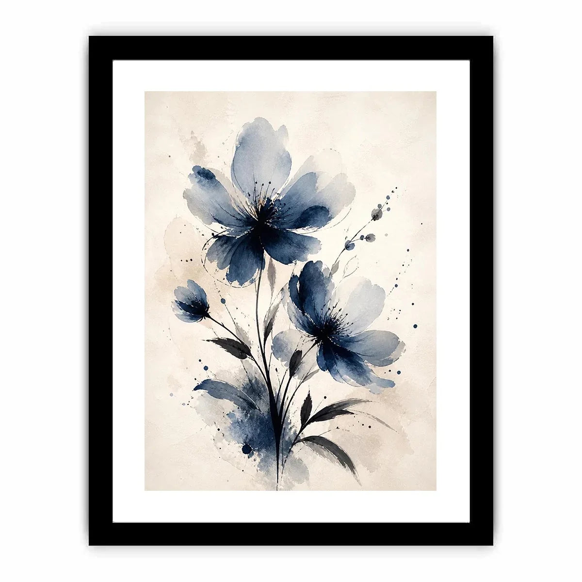 Moonlit Indigo Bloom Indigo blue watercolor floral wall art with abstract botanical flowers on neutral background canvas prin