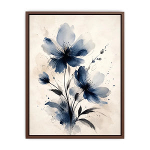 Moonlit Indigo Bloom Indigo blue watercolor floral wall art with abstract botanical flowers on neutral background canvas prin