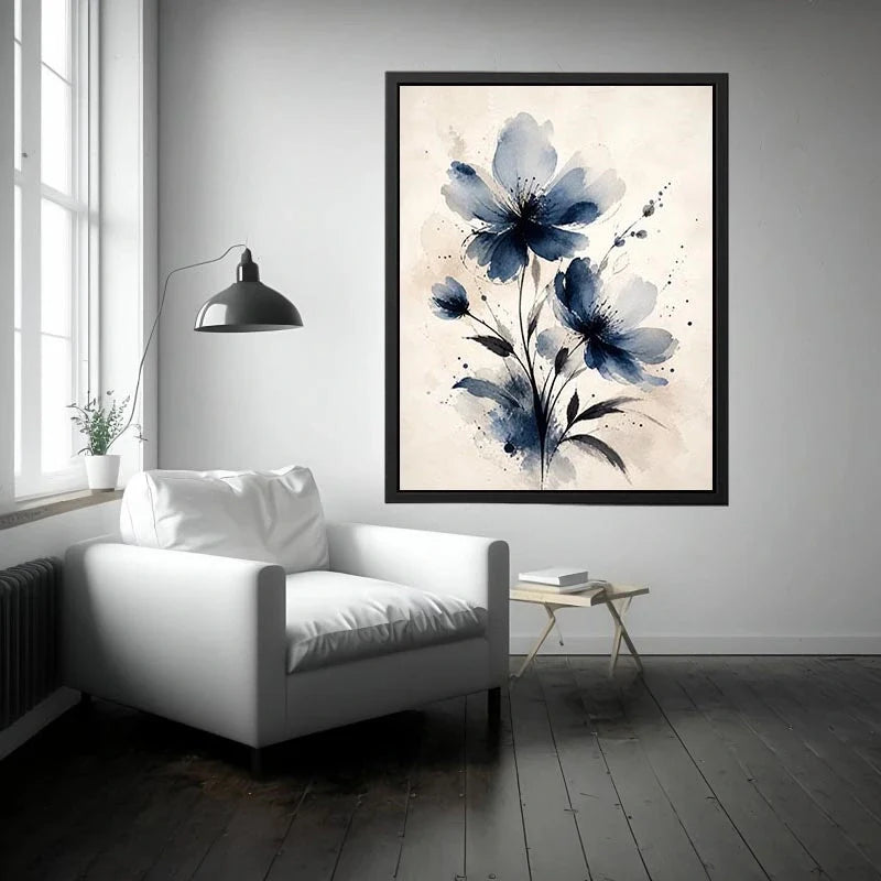 Moonlit Indigo Bloom Indigo blue watercolor floral wall art with abstract botanical flowers on neutral background canvas prin