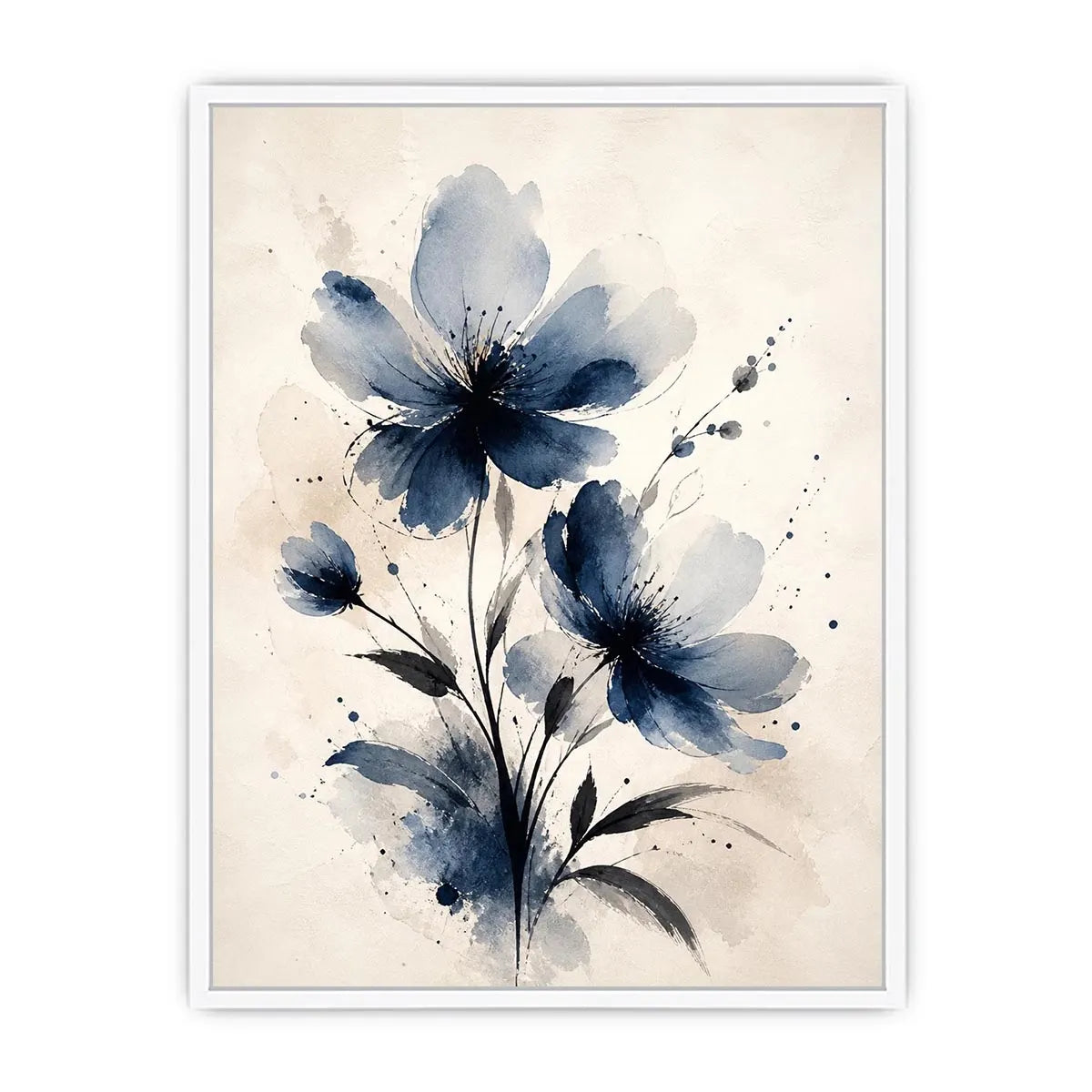 Moonlit Indigo Bloom Indigo blue watercolor floral wall art with abstract botanical flowers on neutral background canvas prin