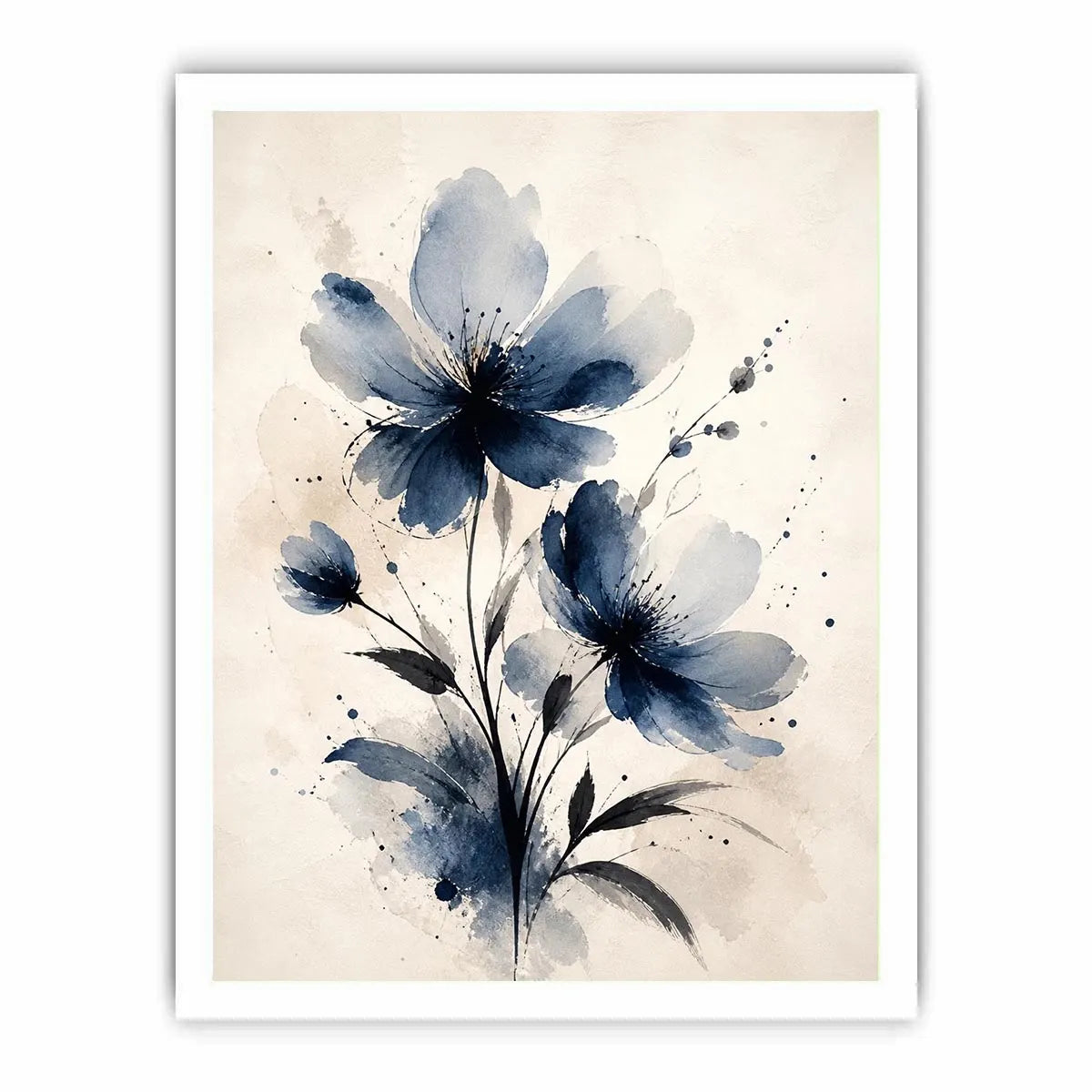 Moonlit Indigo Bloom Indigo blue watercolor floral wall art with abstract botanical flowers on neutral background canvas prin