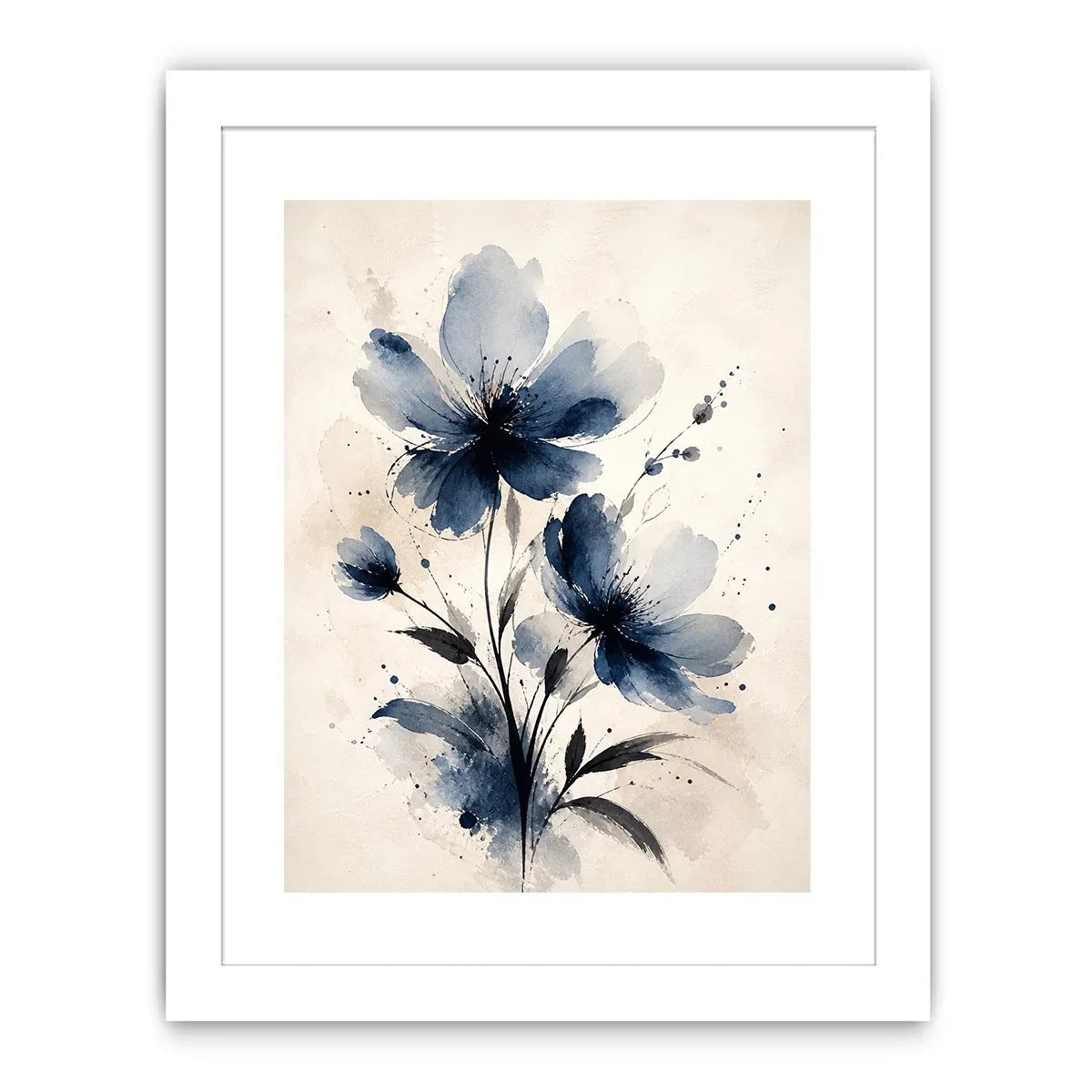 Moonlit Indigo Bloom Indigo blue watercolor floral wall art with abstract botanical flowers on neutral background canvas prin