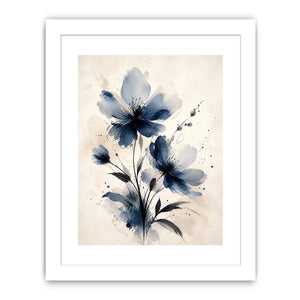 Moonlit Indigo Bloom Indigo blue watercolor floral wall art with abstract botanical flowers on neutral background canvas prin