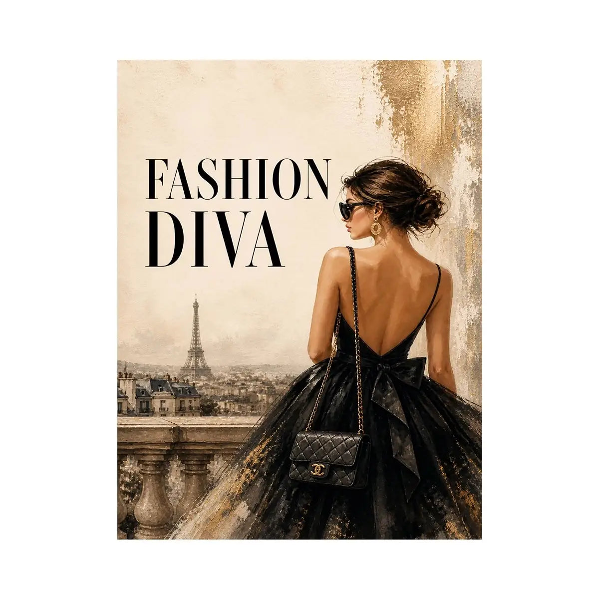 Parisian Fashion Diva Paris fashion diva wall art featuring elegant woman in black dress with Eiffel Tower luxury canvas prin