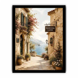 Mediterranean Dancing Lane Mediterranean coastal village wall art with floral stone alley and ocean view canvas print premium