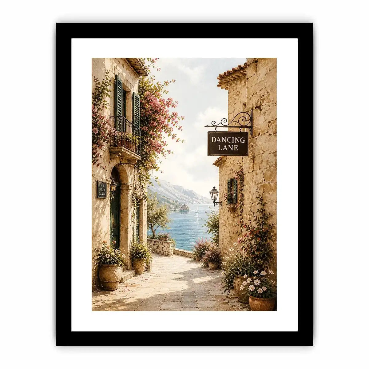 Mediterranean Dancing Lane Mediterranean coastal village wall art with floral stone alley and ocean view canvas print premium