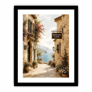 Mediterranean Dancing Lane Mediterranean coastal village wall art with floral stone alley and ocean view canvas print premium