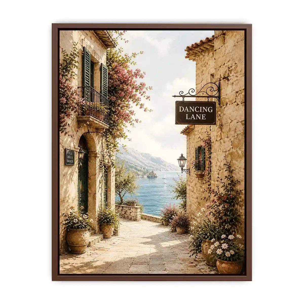 Mediterranean Dancing Lane Mediterranean coastal village wall art with floral stone alley and ocean view canvas print premium