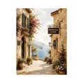 Mediterranean Dancing Lane Mediterranean coastal village wall art with floral stone alley and ocean view canvas print premium