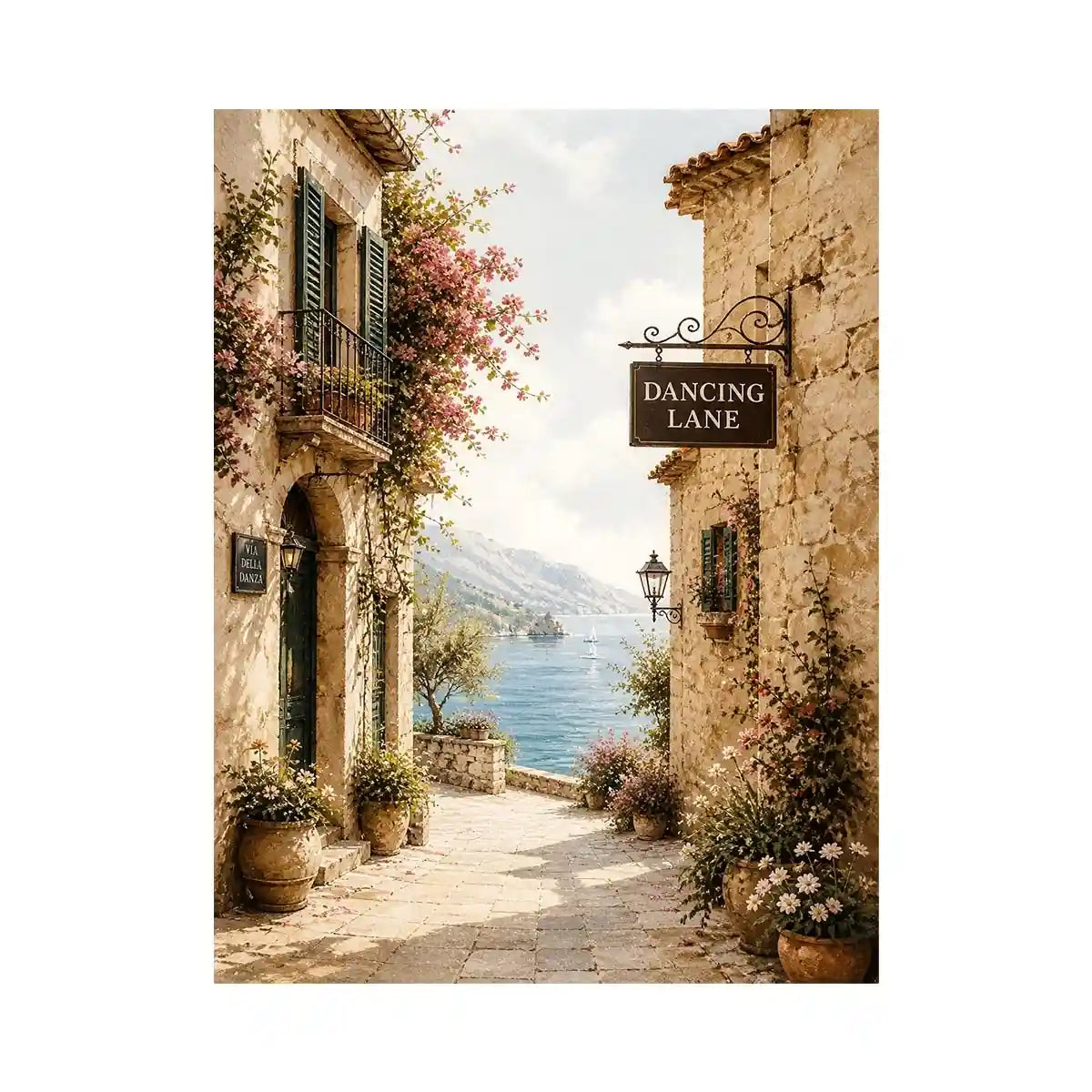 Mediterranean Dancing Lane Mediterranean coastal village wall art with floral stone alley and ocean view canvas print premium