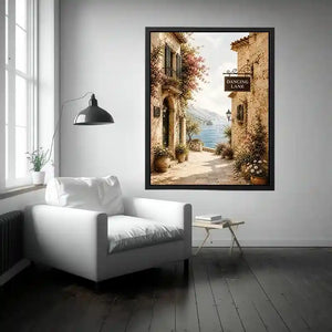 Mediterranean Dancing Lane Mediterranean coastal village wall art with floral stone alley and ocean view canvas print premium