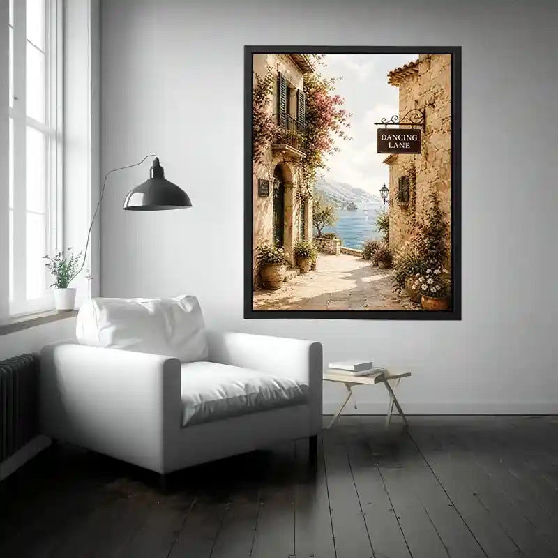 Mediterranean Dancing Lane Mediterranean coastal village wall art with floral stone alley and ocean view canvas print premium