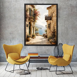 Mediterranean Dancing Lane Mediterranean coastal village wall art with floral stone alley and ocean view canvas print premium
