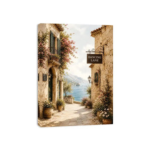 Mediterranean Dancing Lane Mediterranean coastal village wall art with floral stone alley and ocean view canvas print premium