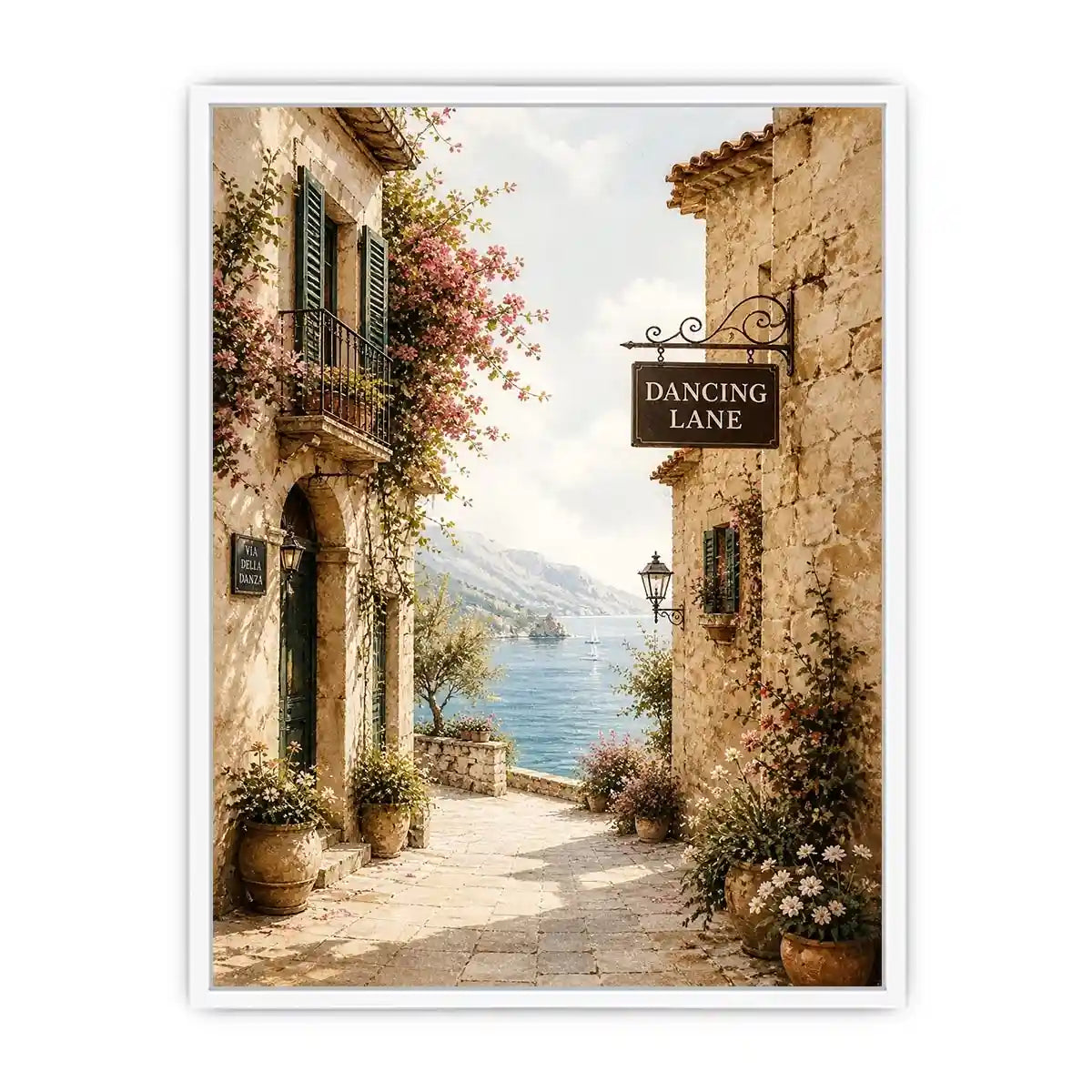 Mediterranean Dancing Lane Mediterranean coastal village wall art with floral stone alley and ocean view canvas print premium