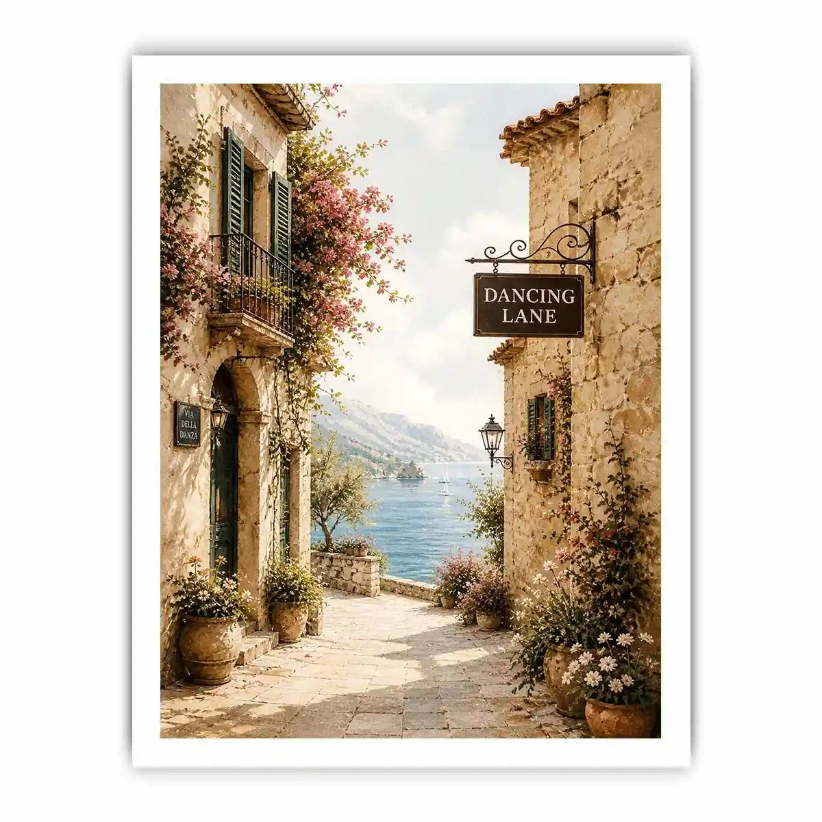 Mediterranean Dancing Lane Mediterranean coastal village wall art with floral stone alley and ocean view canvas print premium