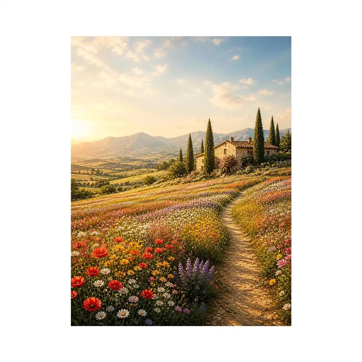 Tuscan wildflower sunrise canvas print for European holiday bedroom and dining room styling