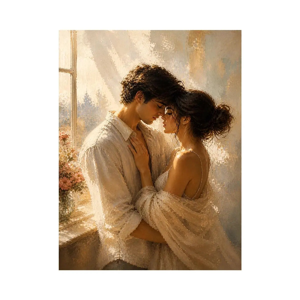 Golden Whisper Embrace Romantic couple wall art with golden sunlight, intimate embrace canvas print, luxury neutral bedroom w