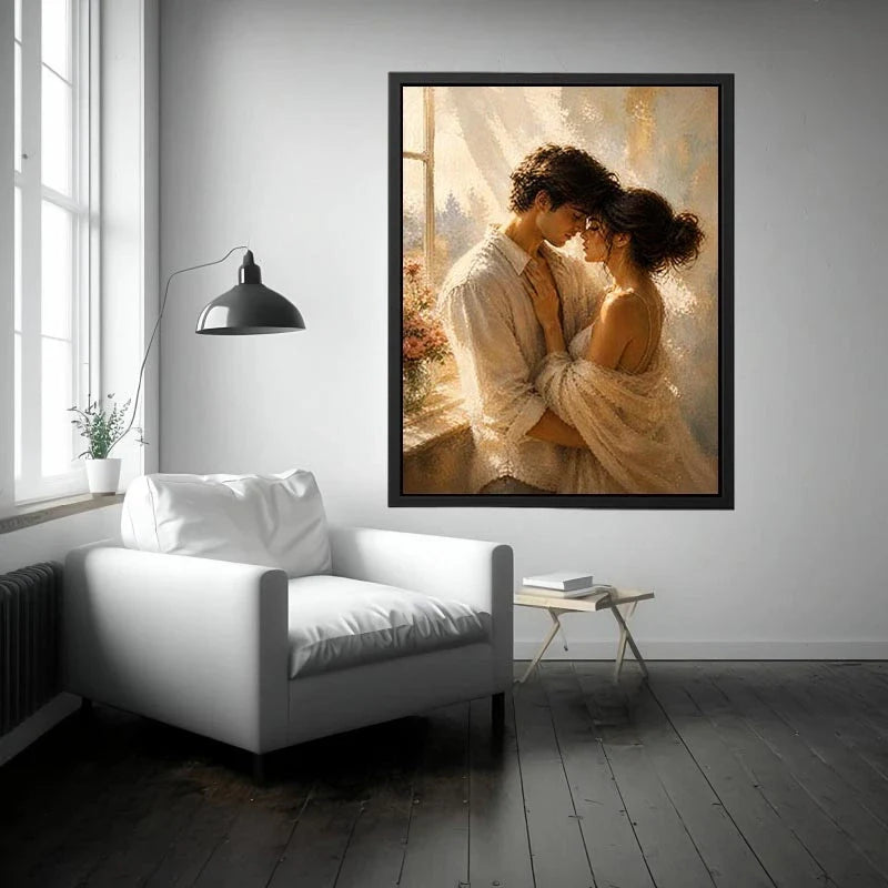 Golden Whisper Embrace Romantic couple wall art with golden sunlight, intimate embrace canvas print, luxury neutral bedroom w