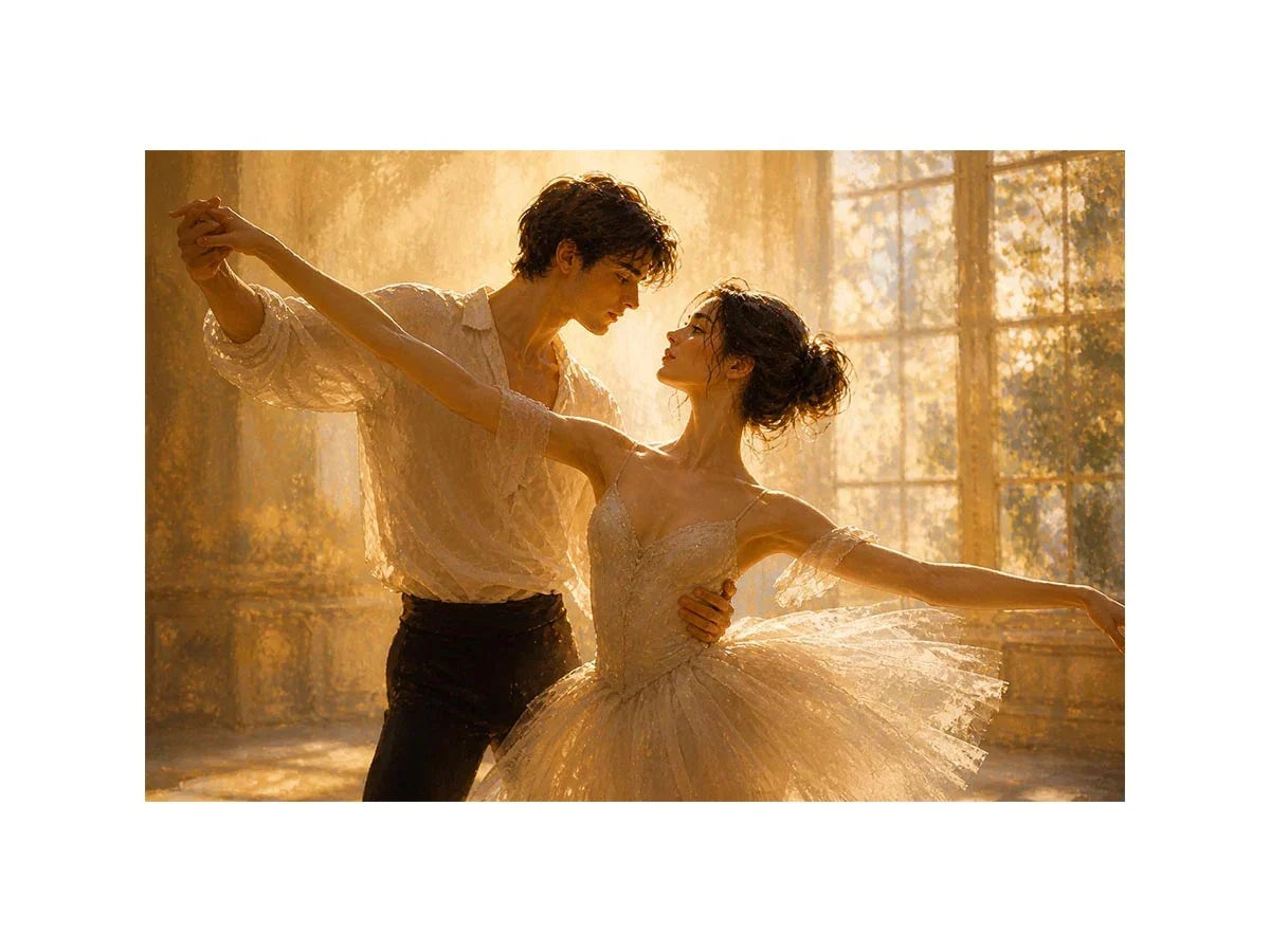 Eternal Golden Waltz Romantic dancing couple wall art with golden light, elegant ballet canvas print, luxury love painting fo