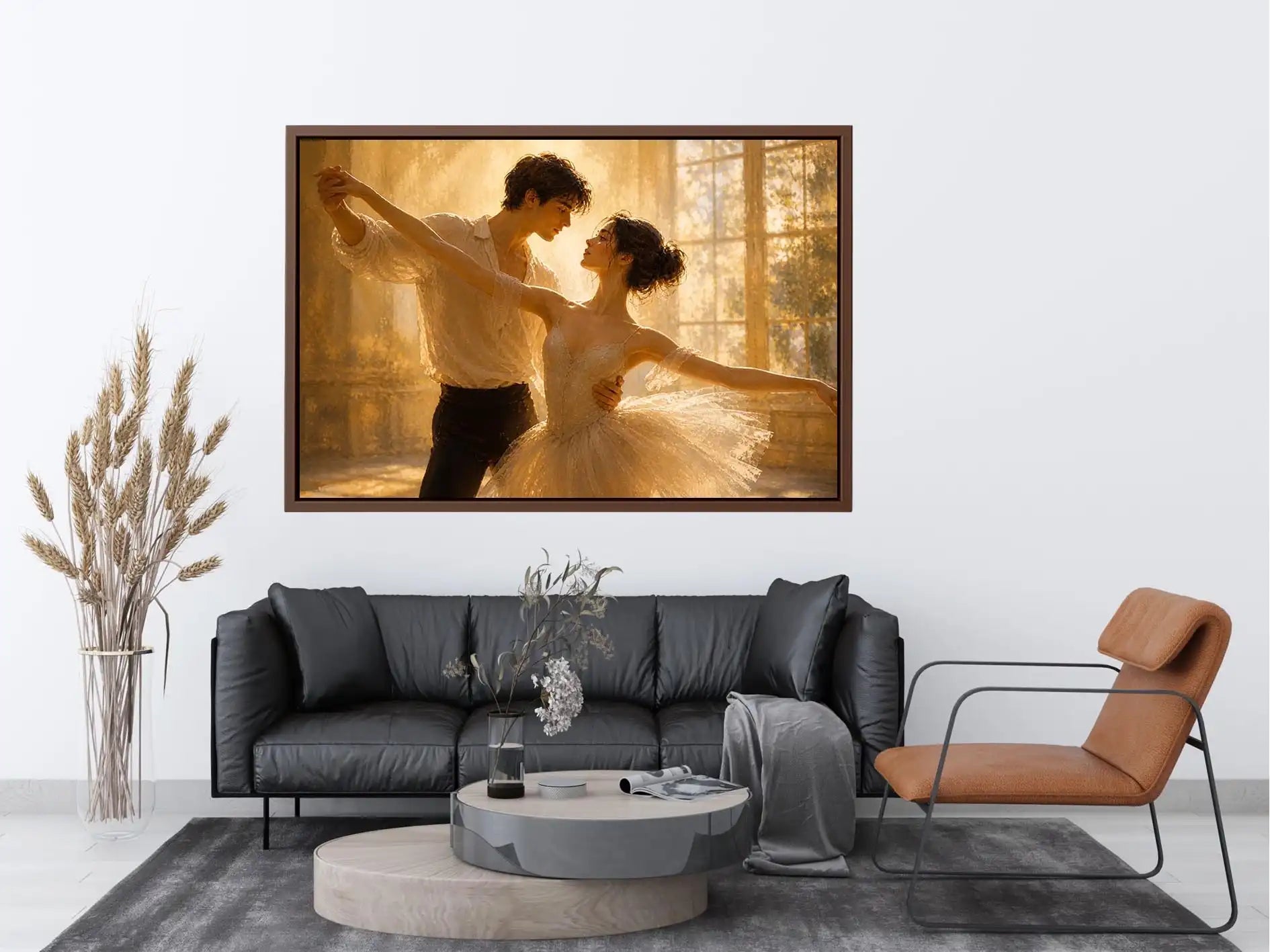 Eternal Golden Waltz Romantic dancing couple wall art with golden light, elegant ballet canvas print, luxury love painting fo