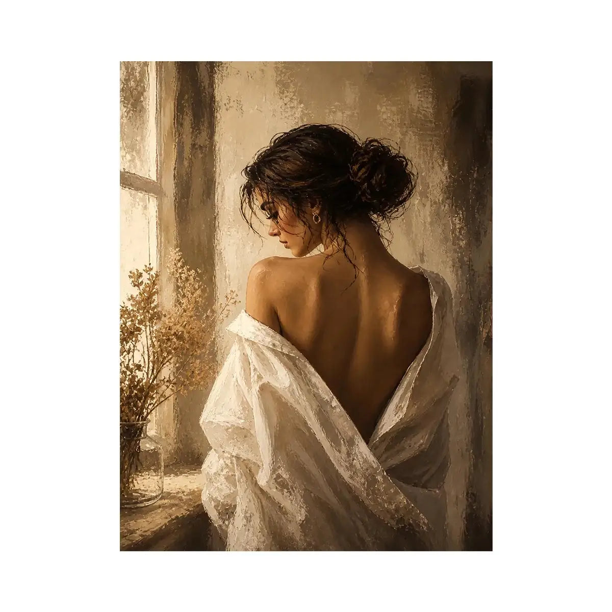 Golden Silence Muse Elegant woman portrait wall art with golden light, feminine luxury canvas print, neutral impressionist pa
