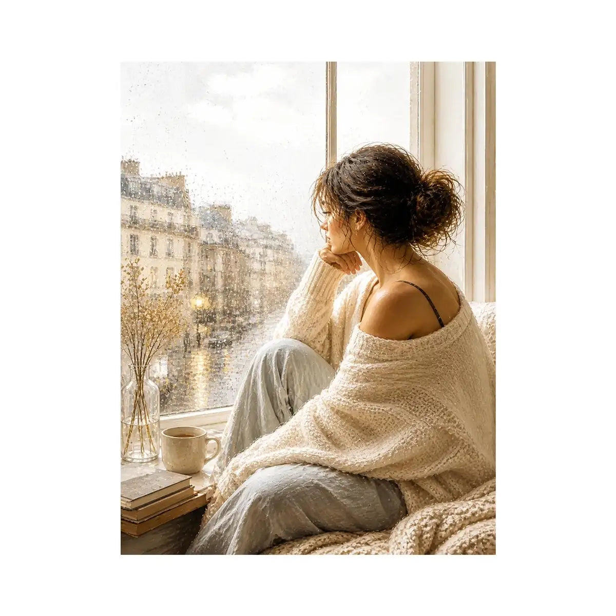 Paris Rain Daydream Woman by rainy Paris window wall art, cozy neutral canvas print, elegant feminine painting for bedroom an