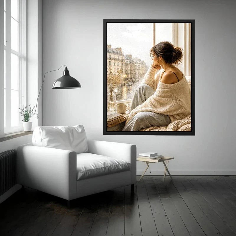 Paris Rain Daydream Woman by rainy Paris window wall art, cozy neutral canvas print, elegant feminine painting for bedroom an