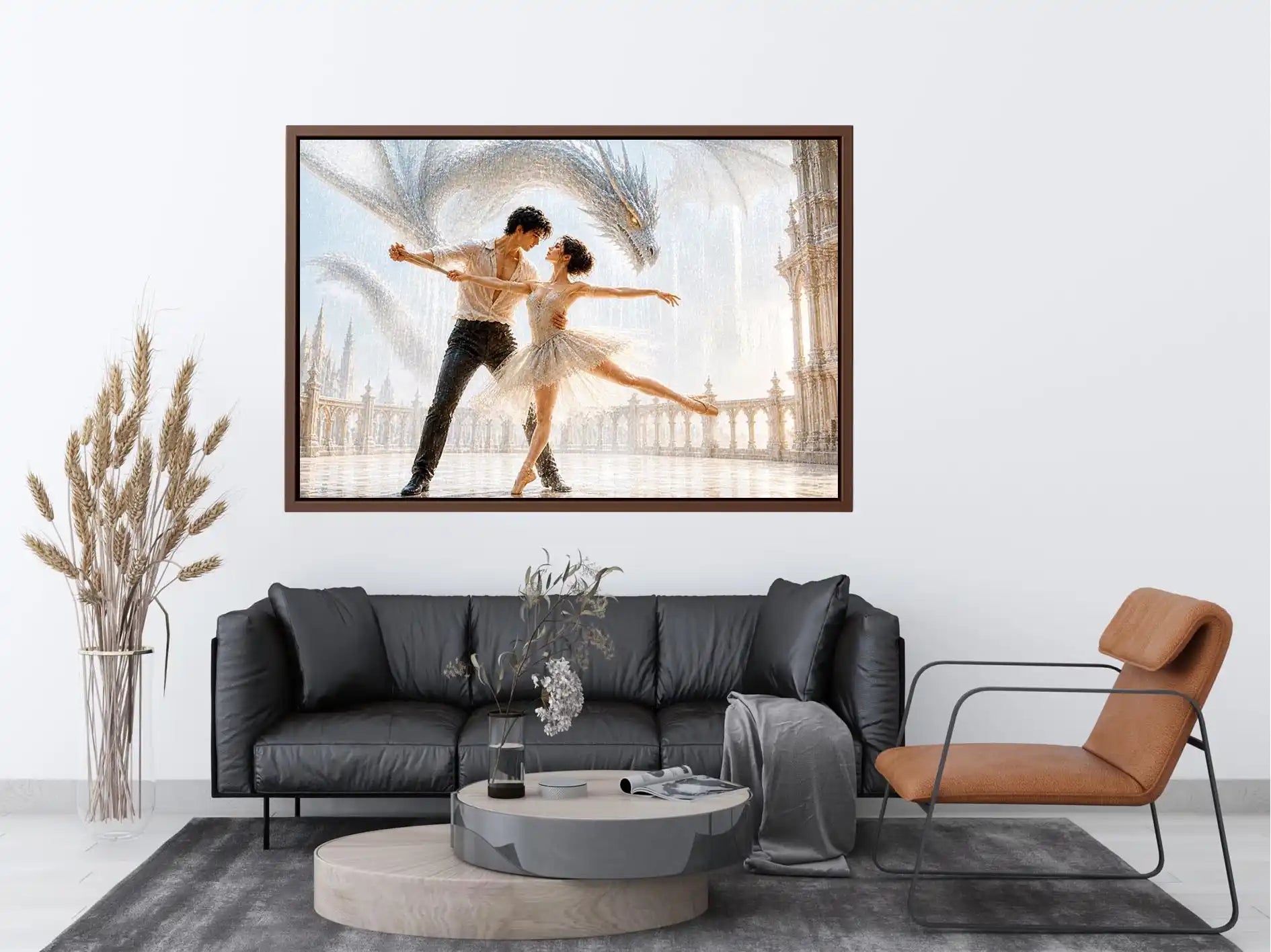 Dragon Ballet Reverie Fantasy dragon ballet wall art with dancing couple, elegant dragon canvas print, romantic fantasy paint