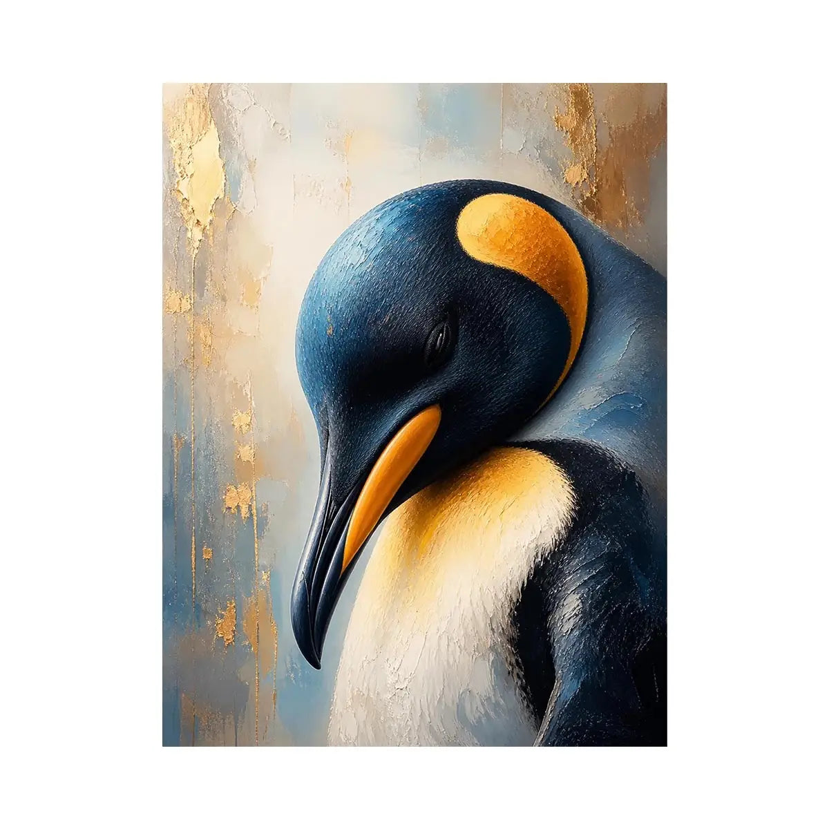 Arctic Grace Majesty Elegant emperor penguin portrait wall art with textured navy blue feathers, soft ivory tones, and luxuri
