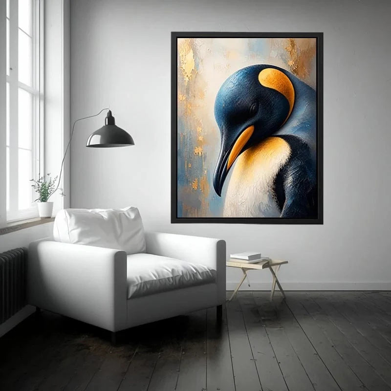 Arctic Grace Majesty Elegant emperor penguin portrait wall art with textured navy blue feathers, soft ivory tones, and luxuri