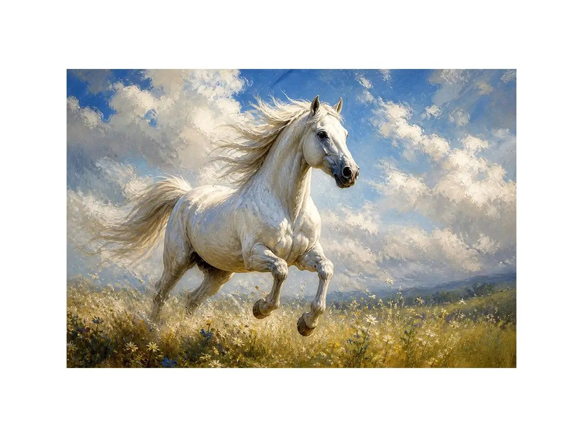 Celestial Wild Spirit Elegant white horse running through a wildflower meadow under dramatic blue skies in an impressionist c