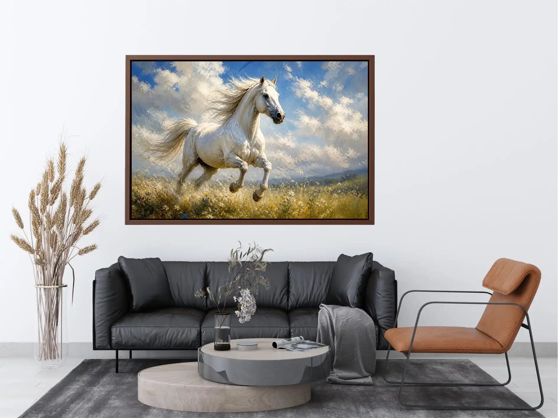 Celestial Wild Spirit Elegant white horse running through a wildflower meadow under dramatic blue skies in an impressionist c