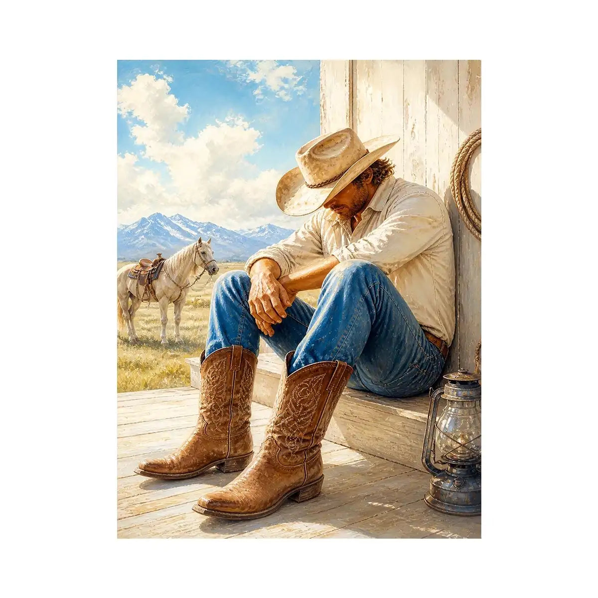 Cowboy Soul Retreat Rustic cowboy wall art featuring a thoughtful rancher in leather boots beside a white horse with mountain