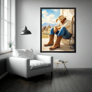 Rustic cowboy wall art featuring a thoughtful rancher in leather boots beside a white horse with mountain scenery and warm countryside textures in a timeless western painting.
