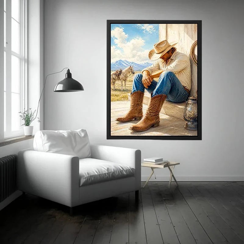 Cowboy Soul Retreat Rustic cowboy wall art featuring a thoughtful rancher in leather boots beside a white horse with mountain