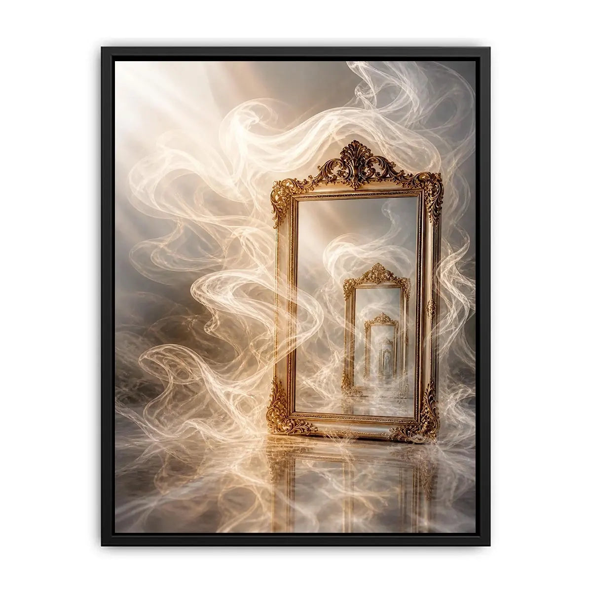 Infinite Reflection Portal Surreal golden mirror wall art with endless reflections, flowing white smoke, and ornate vintage f