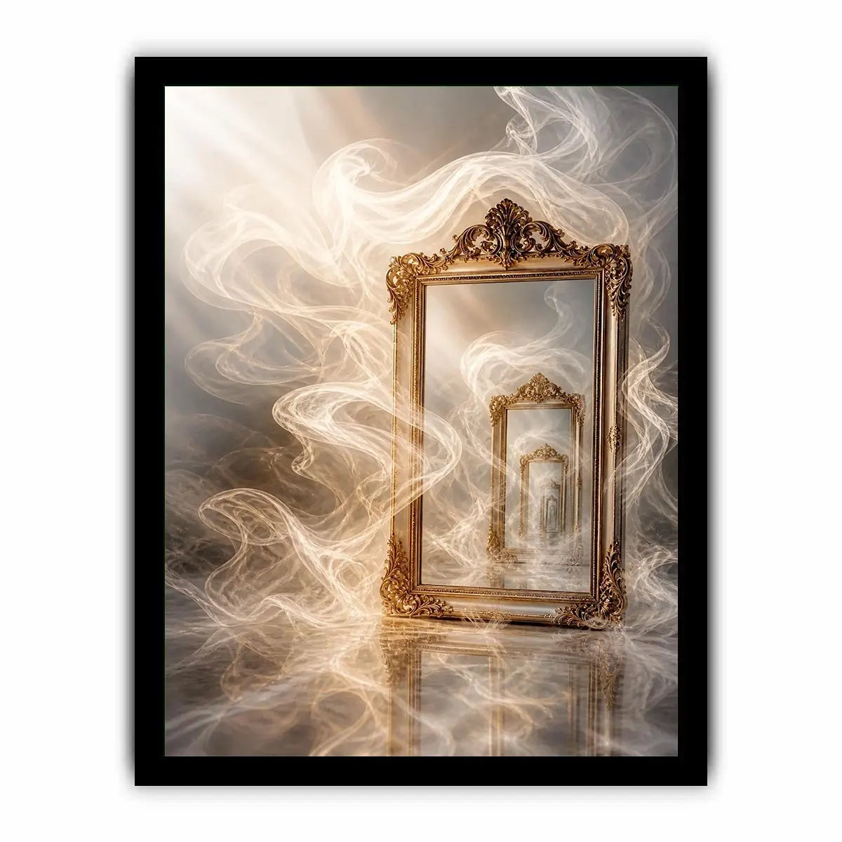 Infinite Reflection Portal Surreal golden mirror wall art with endless reflections, flowing white smoke, and ornate vintage f