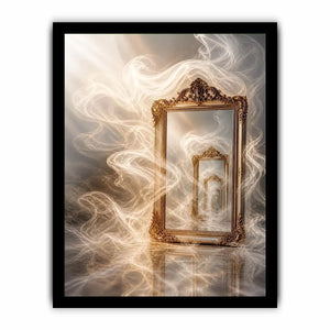 Infinite Reflection Portal Surreal golden mirror wall art with endless reflections, flowing white smoke, and ornate vintage f