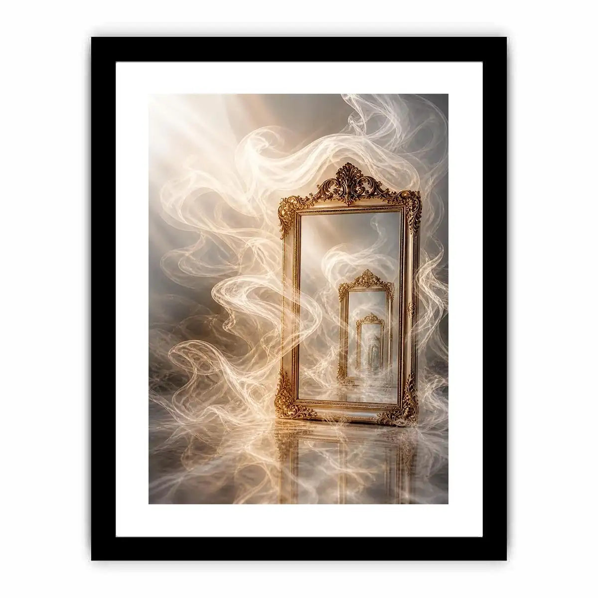 Infinite Reflection Portal Surreal golden mirror wall art with endless reflections, flowing white smoke, and ornate vintage f