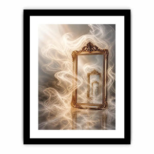 Infinite Reflection Portal Surreal golden mirror wall art with endless reflections, flowing white smoke, and ornate vintage f