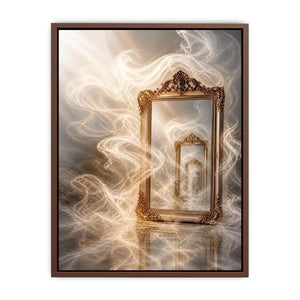 Infinite Reflection Portal Surreal golden mirror wall art with endless reflections, flowing white smoke, and ornate vintage f