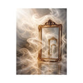 Infinite Reflection Portal Surreal golden mirror wall art with endless reflections, flowing white smoke, and ornate vintage f